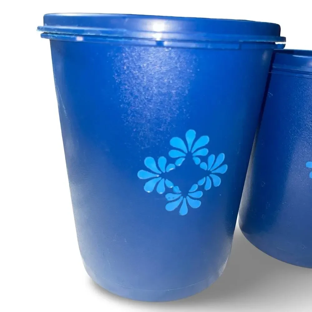 Tupperware Servalier Nesting Canister Set x2 Blue Floral Medallion 809 811 VTG